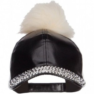 Baseball Caps PU Jewel Cap with Pom Pom - Black Silver - C012MXJX5WW $26.24