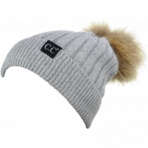 Skullies & Beanies Angora Knit Natural Fox Fur Pom Cuff Beanie Hat w/Black Label - Gray - CM12NH71BFR $33.12