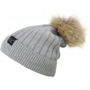 Skullies & Beanies Angora Knit Natural Fox Fur Pom Cuff Beanie Hat w/Black Label - Gray - CM12NH71BFR $33.12