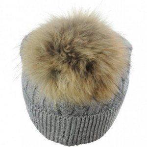 Skullies & Beanies Angora Knit Natural Fox Fur Pom Cuff Beanie Hat w/Black Label - Gray - CM12NH71BFR $33.12