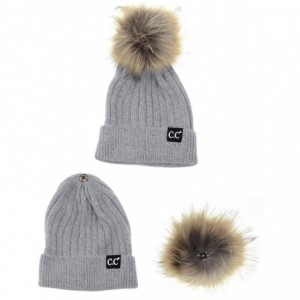 Skullies & Beanies Angora Knit Natural Fox Fur Pom Cuff Beanie Hat w/Black Label - Gray - CM12NH71BFR $33.12