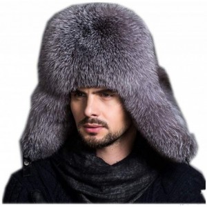 Bomber Hats Mens Winter Hat Real Fox Fur Genuine Leather Russian Ushanka Hats - Silver Blue - CR18I3ZG5YW $100.19