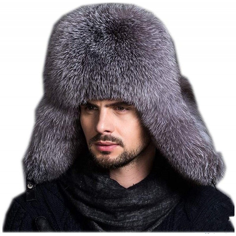 Bomber Hats Mens Winter Hat Real Fox Fur Genuine Leather Russian Ushanka Hats - Silver Blue - CR18I3ZG5YW $90.53
