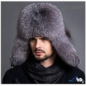 Bomber Hats Mens Winter Hat Real Fox Fur Genuine Leather Russian Ushanka Hats - Silver Blue - CR18I3ZG5YW $90.53