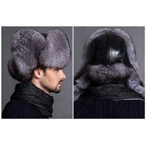 Bomber Hats Mens Winter Hat Real Fox Fur Genuine Leather Russian Ushanka Hats - Silver Blue - CR18I3ZG5YW $50.70