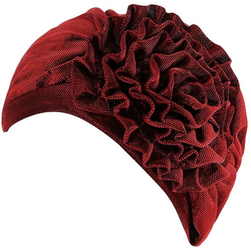 Skullies & Beanies Women Hair Loss Cap Pleated Big Flower Cancer Hat Beanie Turban Head Wrap Caps - Wine - C718GDOUX0G $10.18