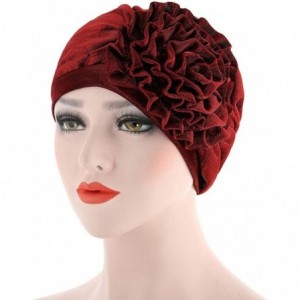 Skullies & Beanies Women Hair Loss Cap Pleated Big Flower Cancer Hat Beanie Turban Head Wrap Caps - Wine - C718GDOUX0G $10.18