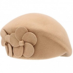 Berets Womens Church Woolen Winter Solid Senior Flower Beret Cap - Tan - C018D08RTZD $11.69