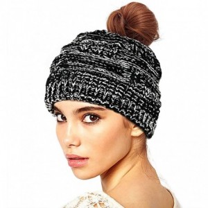 Skullies & Beanies Women's Ponytail Beanie Hat Soft Stretch Cable Knit Hat Warm Winter Hat - Black/White Mix - CA18LRSUCRG $1...