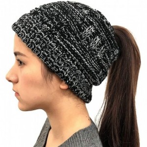 Skullies & Beanies Women's Ponytail Beanie Hat Soft Stretch Cable Knit Hat Warm Winter Hat - Black/White Mix - CA18LRSUCRG $1...