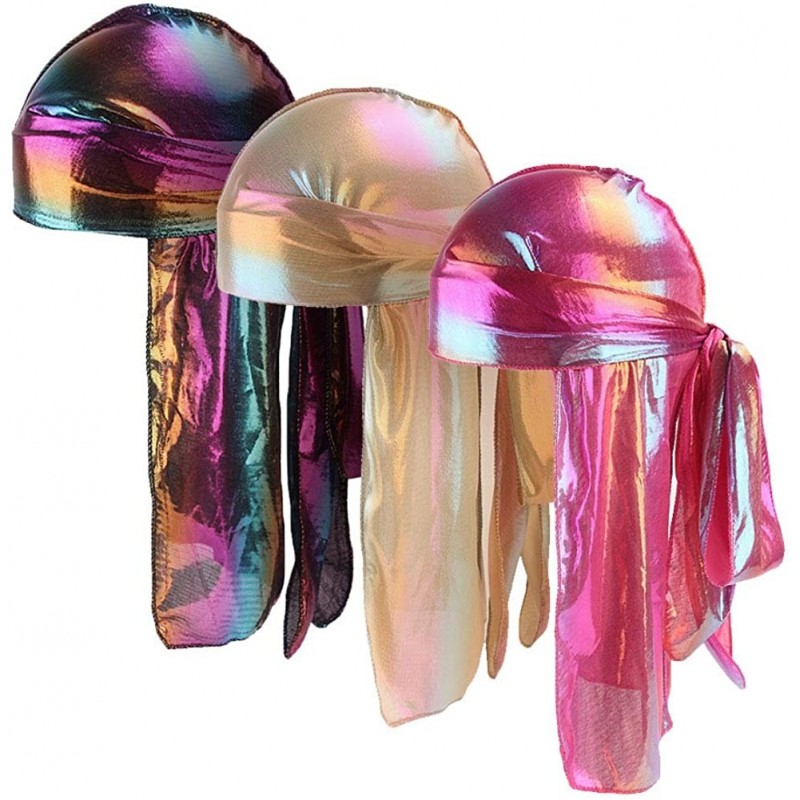 Skullies & Beanies Silky Durags Pack for Men Women Waves Satin Hair Bonnet Sleeping Hat Holographic Do Rags Set - C 1 - CD18W...