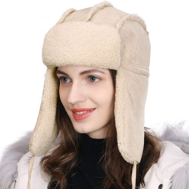 Skullies & Beanies Ladies Earflap Trapper Hat Faux Fur Hunting Hat Fleece Lined Thick Knitted - 00781_beige - CK18YREC8KE $17.00