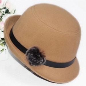 Bucket Hats Women Wool Felt Church Cloche Cap Bucket Top Hat Bowler Hats with Pompom Band - Khaki - C51805QHY58 $11.06