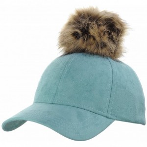 Baseball Caps Celebrity Style Precurved Suede Feel Baseball Cap w/Attachable Pom Pom - Teal - CD12O5H55KQ $9.30