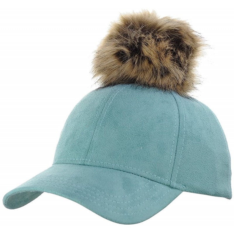 Baseball Caps Celebrity Style Precurved Suede Feel Baseball Cap w/Attachable Pom Pom - Teal - CD12O5H55KQ $9.30