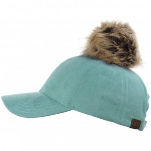 Baseball Caps Celebrity Style Precurved Suede Feel Baseball Cap w/Attachable Pom Pom - Teal - CD12O5H55KQ $9.30