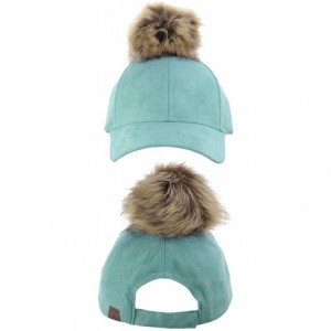 Baseball Caps Celebrity Style Precurved Suede Feel Baseball Cap w/Attachable Pom Pom - Teal - CD12O5H55KQ $9.30