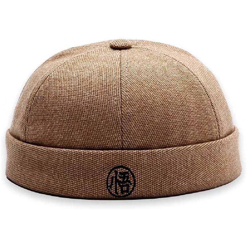 Skullies & Beanies Men's Retro Chinese Style Rolled Cuff Skull Caps Brimless Beanie Hat - Dark Beige - CA18LKQNSEC $21.07