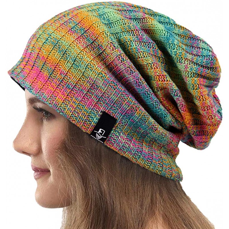 Berets Womens Knit Slouchy Beanie Ribbed Baggy Skull Cap Turban Winter Summer Beret Hat - Green/Yellow/Pink - C318WD0O643 $15.27