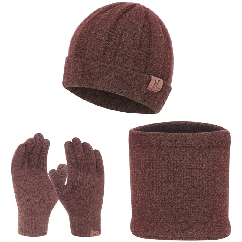 Skullies & Beanies Winter Thick Beanie Hat Scarf Touch Screen Gloves Set Fit for Men Women - B - Brown - C3192K6DSGN $11.79