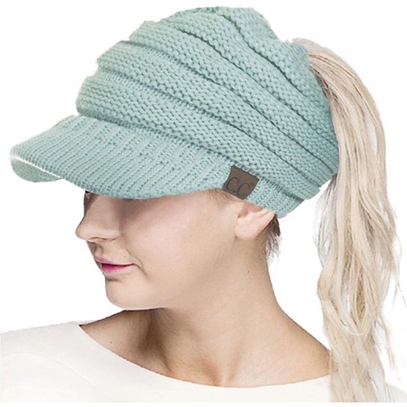 Skullies & Beanies Brim BeanieTail Ponytail Messy Bun Solid Ribbed Beanie Hat Sun Cap - Mint - CY185XG0QY9 $17.16