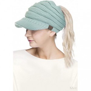 Skullies & Beanies Brim BeanieTail Ponytail Messy Bun Solid Ribbed Beanie Hat Sun Cap - Mint - CY185XG0QY9 $17.16