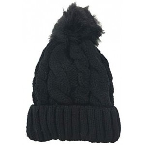 Skullies & Beanies Women's Warm Chunky Cable Knit Soft Faux Fur Pom Pom Shimmer Sequin Sparkle Winter Beanie Bobble Hat - C91...
