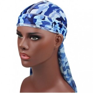 Skullies & Beanies Silky Durag for Men and Women- Star Floral Camouflage Print Long Tail Caps Headwraps Turban - Blue-camo - ...