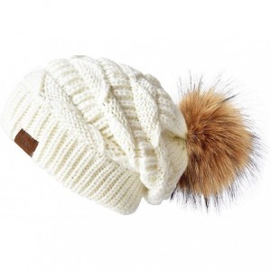 Skullies & Beanies Women Winter Knit Slouchy Beanie Hats with Faux Fur Pom Pom Thick Warm Chunky Baggy hat Ski Cap - CJ18X034...