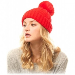 Skullies & Beanies Me Plus Women Fashion Fall Winter Soft Cable Knitted Faux Fur Pom Pom Beanie Hat - Cable Knit - Red - CP18...