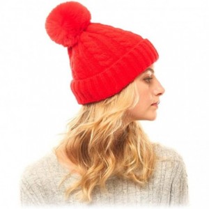 Skullies & Beanies Me Plus Women Fashion Fall Winter Soft Cable Knitted Faux Fur Pom Pom Beanie Hat - Cable Knit - Red - CP18...