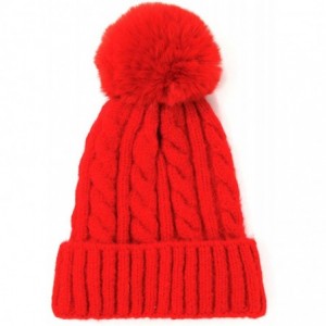 Skullies & Beanies Me Plus Women Fashion Fall Winter Soft Cable Knitted Faux Fur Pom Pom Beanie Hat - Cable Knit - Red - CP18...