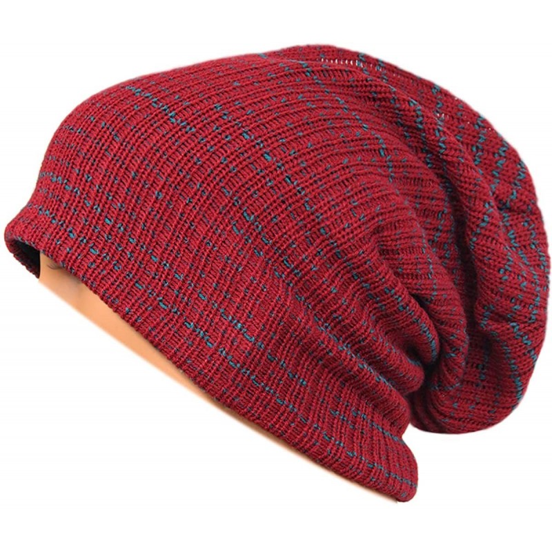 Skullies & Beanies Unisex Beanie Hat Slouchy Knit Cap Skullcap Stripe Baggy Style 1011 - Claret - CH128MZ23RT $8.02