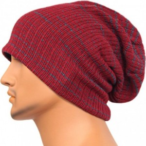 Skullies & Beanies Unisex Beanie Hat Slouchy Knit Cap Skullcap Stripe Baggy Style 1011 - Claret - CH128MZ23RT $8.02