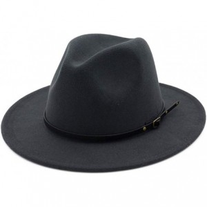 Fedoras Women's Classic Wide Brim Wool Fedora Panama Hat with Belt Buckle - Dark Grey - CX18I8H7H3O $17.59