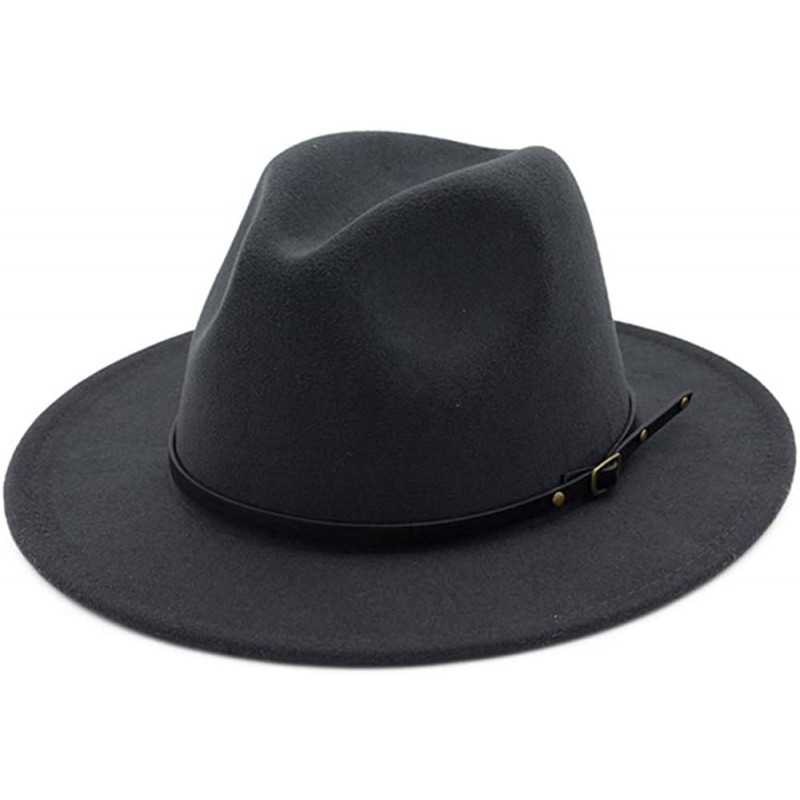 Fedoras Women's Classic Wide Brim Wool Fedora Panama Hat with Belt Buckle - Dark Grey - CX18I8H7H3O $17.59