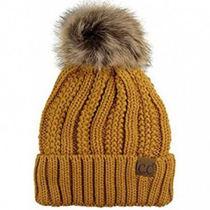 Skullies & Beanies Quality Women's Faux Fur Pom Fuzzy Fleece Lined Slouchy Skull Thick Cable Beanie hat - Mustard - CG187UMNS...