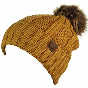 Skullies & Beanies Quality Women's Faux Fur Pom Fuzzy Fleece Lined Slouchy Skull Thick Cable Beanie hat - Mustard - CG187UMNS...