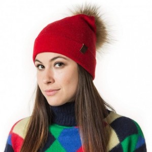 Skullies & Beanies Marino Slouchy Beanie Hat for Women - Cashmere Blend - Rabbit Fur Pompom - Red - C812N0K5YAC $16.27