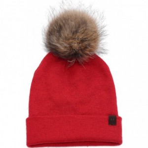 Skullies & Beanies Marino Slouchy Beanie Hat for Women - Cashmere Blend - Rabbit Fur Pompom - Red - C812N0K5YAC $16.27