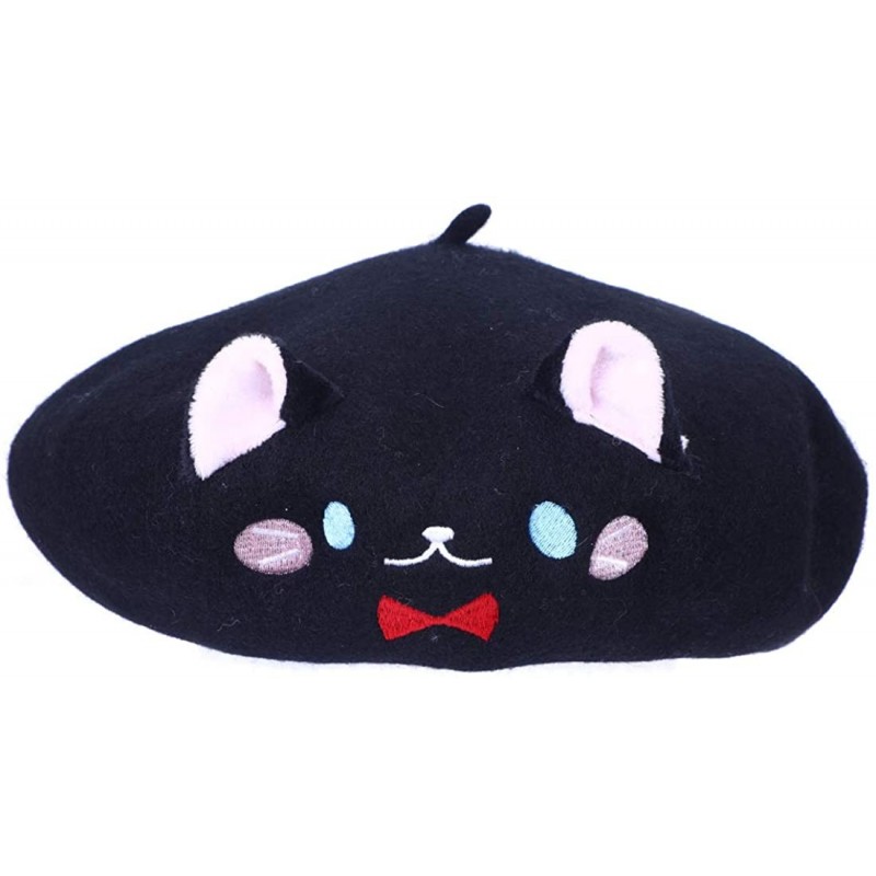 Berets Women Plain Wool French Beret White Bananya Cat Beret Hat - Black - CF1935SOHCS $20.11