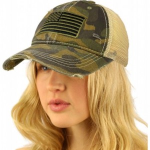 Baseball Caps Everyday Distressed Trucker Mesh Summer Vented Baseball Sun Cap Hat - American Flag Camo Olive - CM199D50CD8 $1...