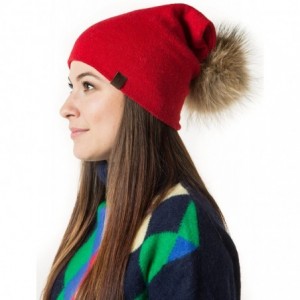 Skullies & Beanies Marino Slouchy Beanie Hat for Women - Cashmere Blend - Rabbit Fur Pompom - Red - C812N0K5YAC $16.27