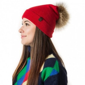 Skullies & Beanies Marino Slouchy Beanie Hat for Women - Cashmere Blend - Rabbit Fur Pompom - Red - C812N0K5YAC $16.27