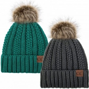 Skullies & Beanies Thick Cable Knit Hat Faux Fur Pom Fleece Lined Cap Cuff Beanie 2 Pack - Dk Melange/Sea Green - CS1924AE0EW...