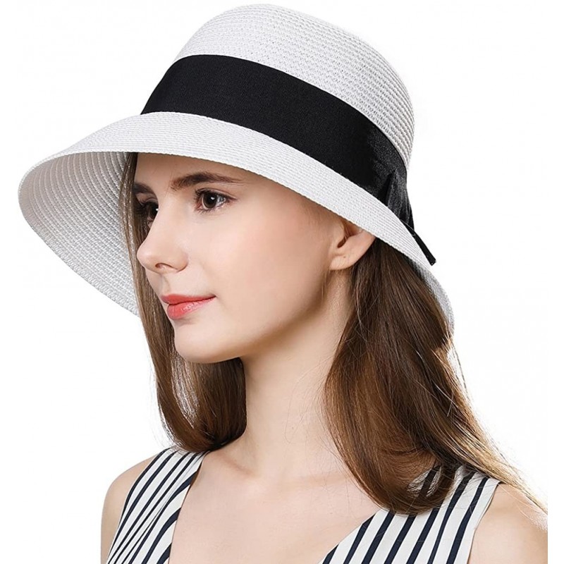 Fedoras Packable Womens Straw Cloche Derby Fedora Summer Wide Brim Sun Hat Floppy Beach 55-60cm - White_69087 - CA18CMUDKYO $...