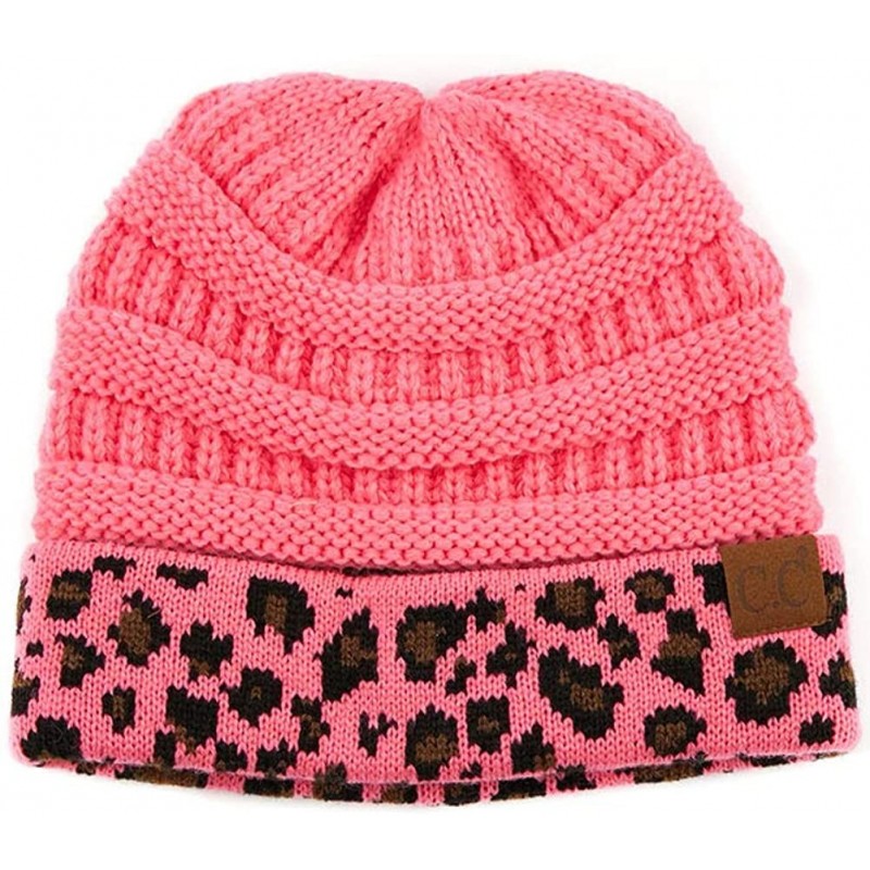 Skullies & Beanies Women Classic Solid Color with Leopard Cuff Beanie Skull Cap - A New Candy Pink - CF18XURQ4YM $10.98