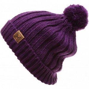 Skullies & Beanies Women's Oversized Chunky Soft Warm Rib Knit Pom Pom Beanie Hat with Sherpa Lined - Purple - C018IGSHAH9 $2...