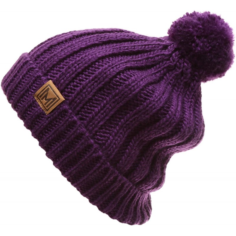 Skullies & Beanies Women's Oversized Chunky Soft Warm Rib Knit Pom Pom Beanie Hat with Sherpa Lined - Purple - C018IGSHAH9 $1...