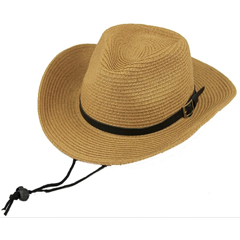 Sun Hats Men's Floppy Packable Straw Hat Beach Cap Newsboy Fedora Sun Hat- Big Brim- Adjustable Chin Strap - Khaki - CR1833T2...